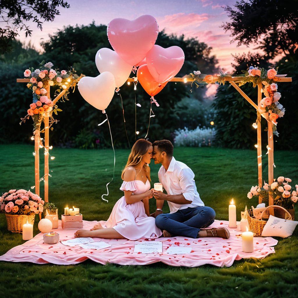 A cozy scene depicting a couple sharing an intimate moment, surrounded by romantic gestures like handwritten love letters, candles, and a picnic setup in a lush garden. The backdrop features a sunset sky painted with soft hues of pink and orange, creating a warm and inviting atmosphere. Include elements symbolizing affection, such as a heart-shaped balloon and flowers. super-realistic. vibrant colors. dreamy ambiance.