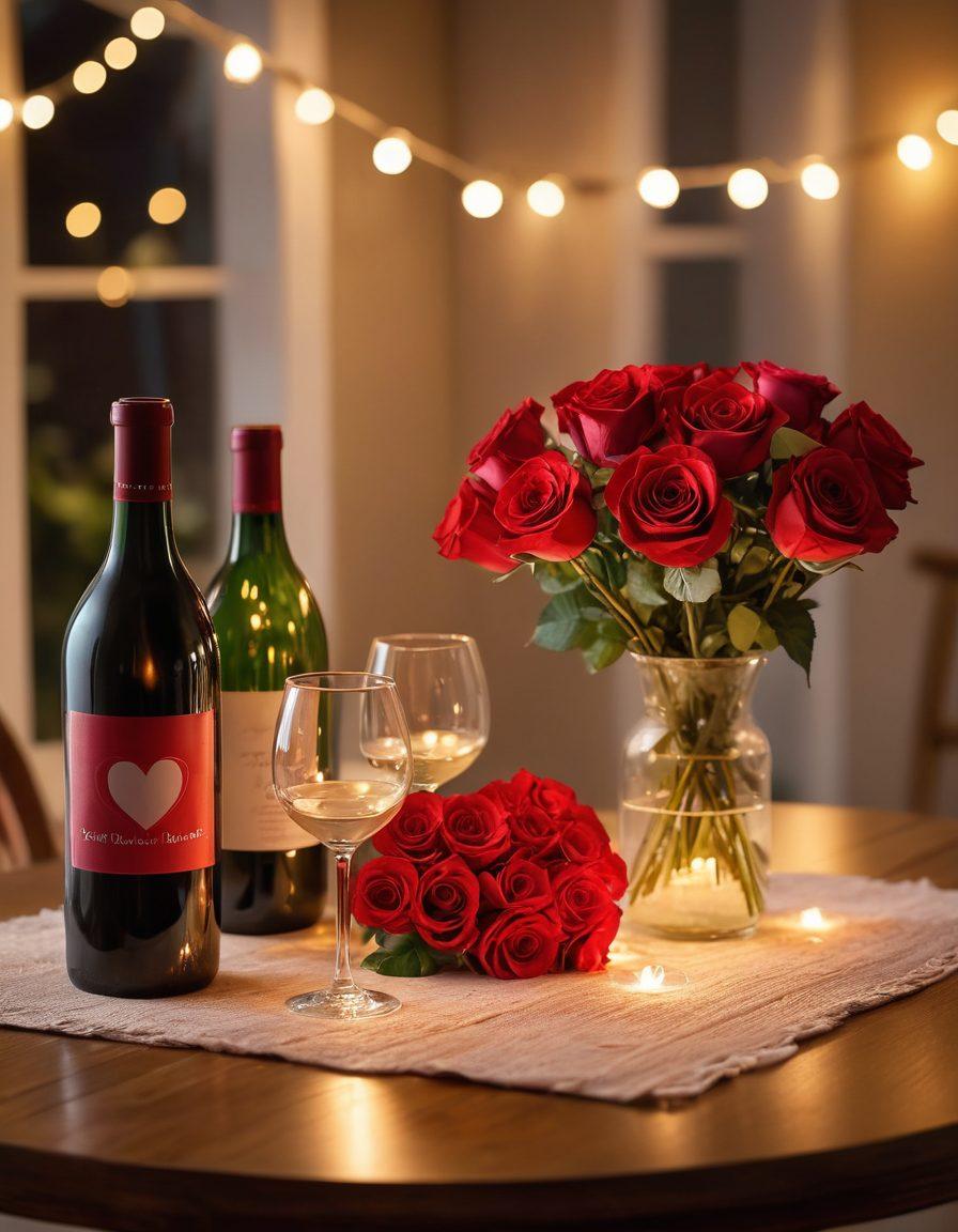 A romantic candlelit dinner table set for two, adorned with heart-shaped decorations and soft, glowing fairy lights in the background. Include a bouquet of red roses and a bottle of wine, with silhouettes of a couple embracing in the distance. The ambiance should convey warmth and love, inviting viewers to envision the perfect date night. super-realistic. vibrant colors. soft focus.