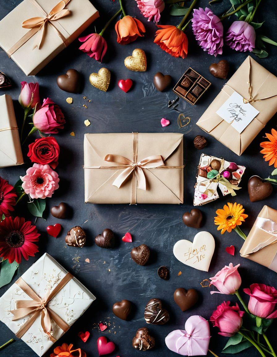 A beautifully arranged flat lay of unique gifts symbolizing love, such as handmade chocolates, personalized jewelry, a cozy hand-written love letter, and vibrant flowers. Include warm lighting and soft textures to evoke emotions of affection and connection. Overlay heart shapes softly blending with the gifts. vibrant colors. soft focus.